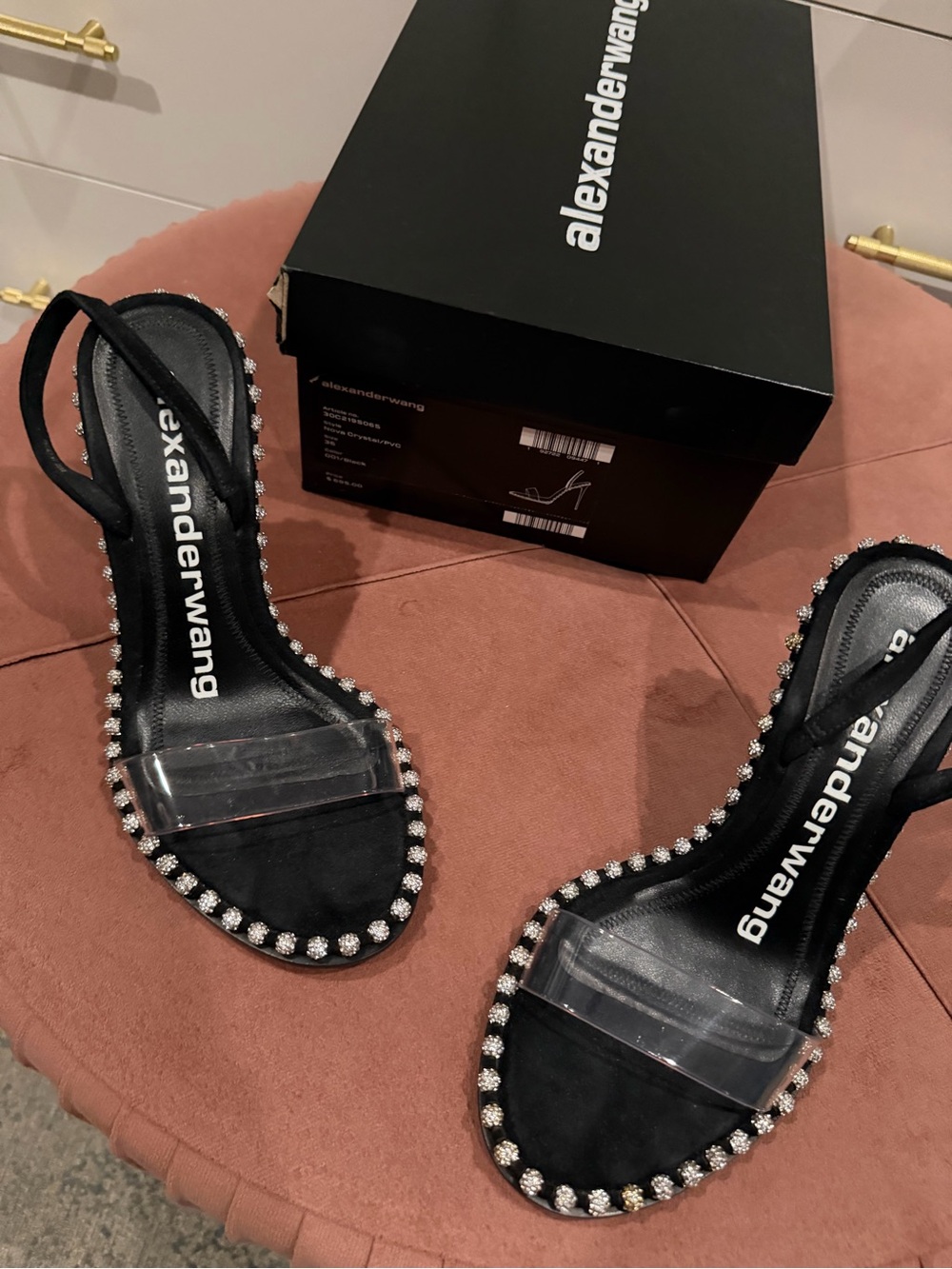 Alexander Wang Black Crystal-Trim Clear Strap Slingback Heels